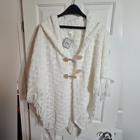 Mixit Womens One Size Cream Acrylic Knit Hooded Poncho Boho Cottagecore Layering - Picture 2 of 5